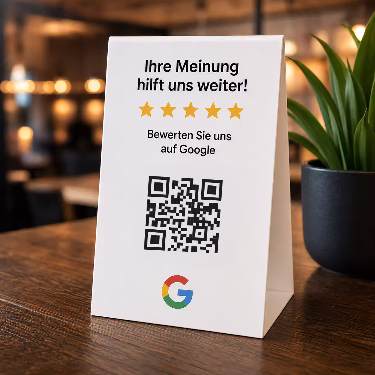 Vorschau eines QR-Code-Aufstellers, der Kunden direkt zur Google-Bewertung führt.